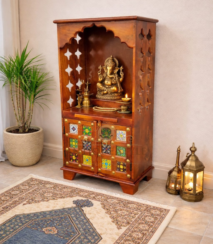 12 Handcrafted Wooden Temple Cabinet with Hand-Painted Tile Work - Image 1