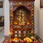Handcrafted Wooden Mandir Cabinet with Hand-Painted Tile