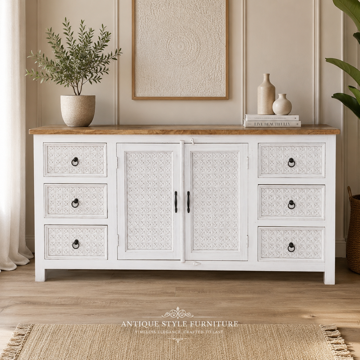 White Hand Carved Sideboard - Image 1