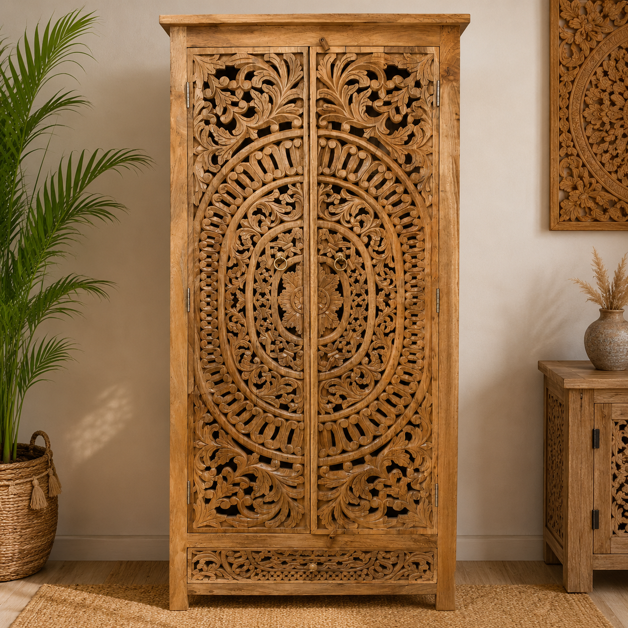 Mandala Hand Carved Wooden Almirah - Image 1