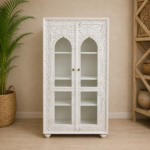 White Wash Hand Carved Glass Almirah