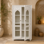 White Wash Hand Carved Glass Almirah - Image 2