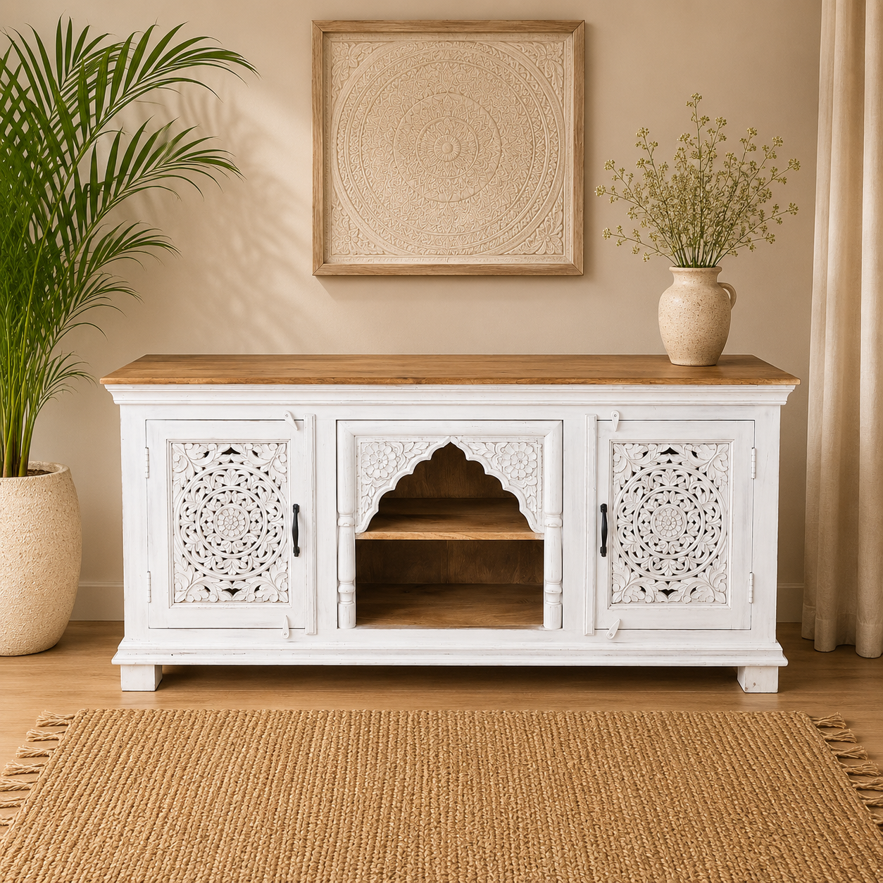 Mandala Whitewashed TV Unit - Image 1