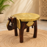 Elephant Wooden Stool with Brass Top