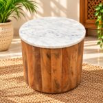 Handcrafted Wooden Side Table with Marble Top