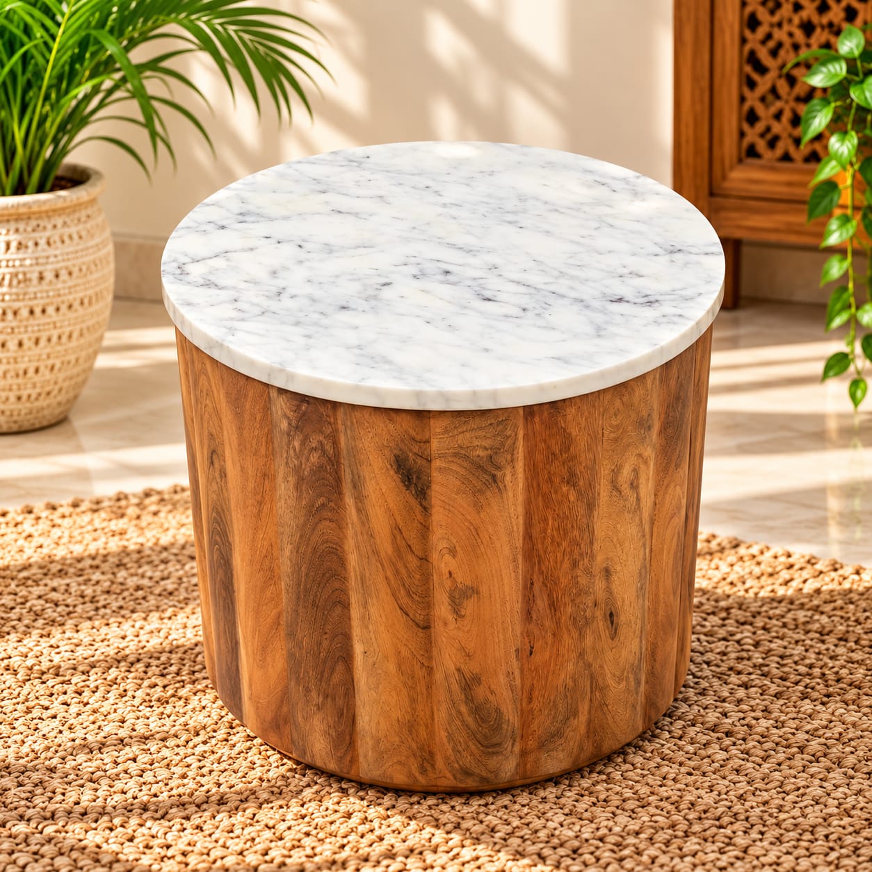 ASF299 (1) Handcrafted Wooden Side Table with Marble Top - Image 1