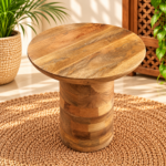 Round Wooden Side Table with Sculptural Pedestal Base