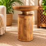 Round Wooden Side Table with Cylindrical Pedestal Base - Image 2