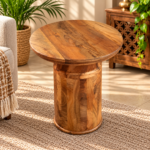 Round Wooden Side Table with Cylindrical Pedestal Base