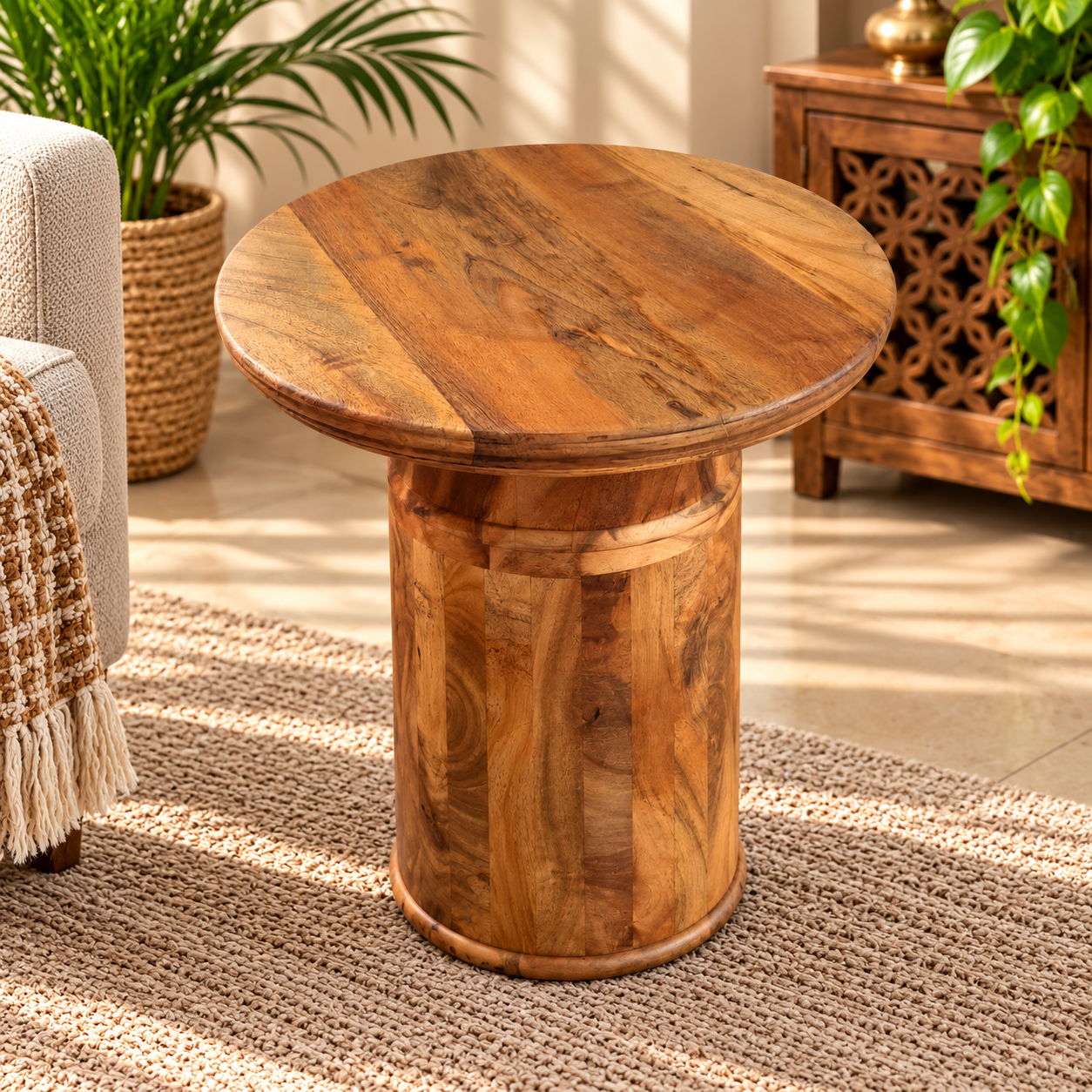 ASF307 (2) Round Wooden Side Table with Cylindrical Pedestal Base - Image 1
