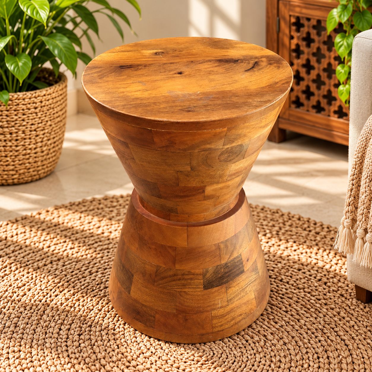 ASF309 (1) Rustic Wooden Hourglass Side Table β Honey Brown Finish - Image 1