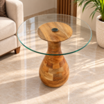 Wooden Side Table with Round Glass Top